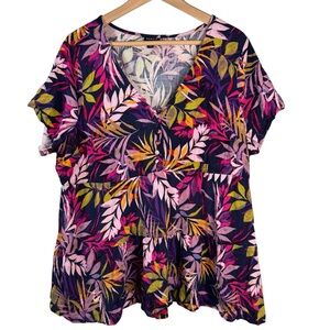 Torrid Tropical Floral Button Front Tiered Babydoll Top 2X Short Sleeve Shirt